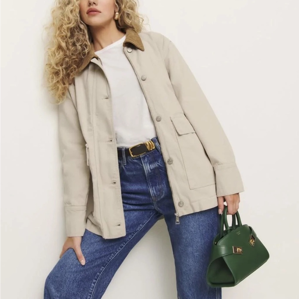 Reformation Archer Beige Denim Utility Jacket with Brown Collar